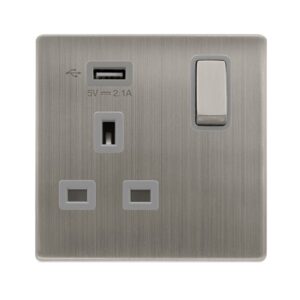 Click Scolmore - Click Definity Complete 13A Ingot 1 Gang Switched Socket With 2.1A Usb Outlet Stainless Steel Cover Plate Grey Insert (SFSS571UGY)