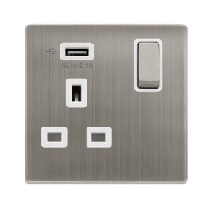 Click Scolmore - Click Definity Complete 13A Ingot 1 Gang Switched Socket With 2.1A Usb Outlet Stainless Steel Cover Plate Polar White Insert (SFSS571UPW)