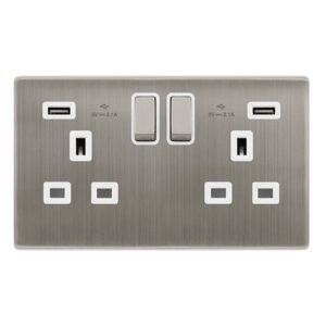 Click Scolmore - Click Definity Complete 13A Ingot 2 Gang Switched Socket With 2.1A Usb Outlets Stainless Steel Cover Plate Polar White Insert (SFSS580PW)