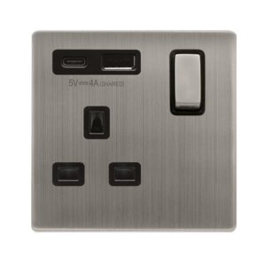 Click Scolmore - Click Definity Complete Definity Ingot 13A 1 Gang Switched Safety Shutter Socket Outlet With Type A & C Usb (4A) Outlets Stainless Steel Black Inserts (SFSS585BK)