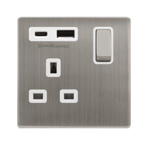 Click Scolmore - Click Definity Complete Definity Ingot 13A 1 Gang Switched Safety Shutter Socket Outlet With Type A & C Usb (4A) Outlets Stainless Steel Polar White Inserts (SFSS585PW)