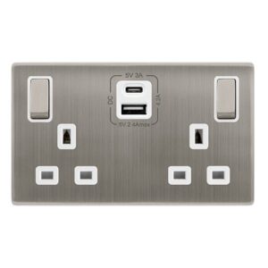 Click Definity Complete 13A Ingot 2 Gang Switched Safety Shutter Socket With Type A & C Usb Stainless Steel Cover Plate Polar White Insert
