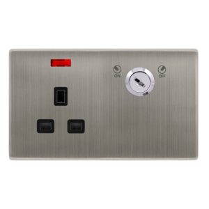 Click Definity Complete 13A 1 Gang Double Pole Key Lockable Socket With Neon Stainless Steel Cover Plate Black Insert