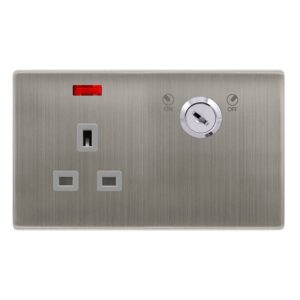 Click Definity Complete 13A 1 Gang Double Pole Key Lockable Socket With Neon Stainless Steel Cover Plate Grey Insert