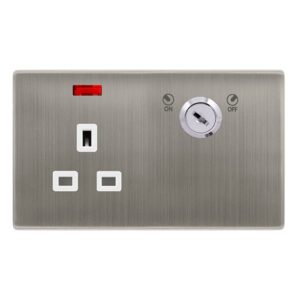 Click Definity Complete 13A 1 Gang Double Pole Key Lockable Socket With Neon Stainless Steel Cover Plate Polar White Insert