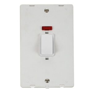 Click Scolmore - Click Definity 50A 2 Gang (Vertical) Double Pole Plate Switch With Neon Insert Polar White Insert & Rocker (SIN503PW)