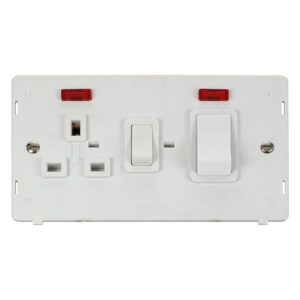 Click Scolmore - Click Definity 50A 2 Gang Double Pole Switch With 13A Double Pole Switched Socket Outlet & Neons Insert Polar White Insert & Rockers (SIN505PW)