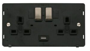 Click Scolmore - Click Definity 13A 2G Ingot Switched Socket With 2.1A Usb Outlet Insert Black / Brushed Stainless (SIN570BKBS)