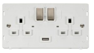 Click Scolmore - Click Definity 13A 2G Ingot Switched Socket With 2.1A Usb Outlet Insert White / Brushed Stainless (SIN570PWBS)