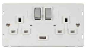 Click Scolmore - Click Definity 13A 2G Ingot Switched Socket With 2.1A Usb Outlet Insert White / Chrome (SIN570PWCH)