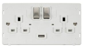Click Scolmore - Click Definity 13A 2G Ingot Switched Socket With 2.1A Usb Outlet Insert White / Stainless Steel (SIN570PWSS)