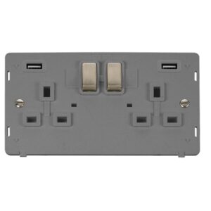 Click Scolmore - Click Definity 13A Ingot 2 Gang Switched Socket Outlet With Twin Usb (Total 4.2A) Outlets Insert (SIN580GYBS)