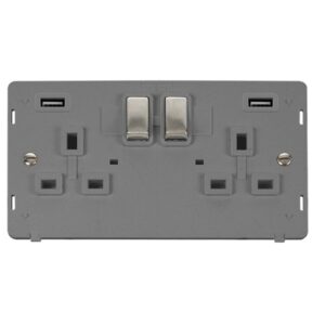 Click Scolmore - Click Definity 13A Ingot 2 Gang Switched Socket Outlet With Twin Usb (Total 4.2A) Outlets Insert (SIN580GYSS)