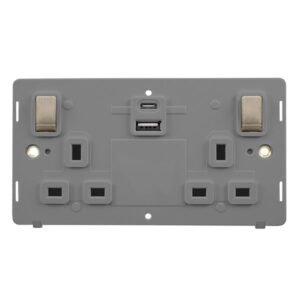 Click Scolmore - Click Definity 13A Ingot 2 Gang Switched Safety Shutter Socket Outlet With Type A & C Usb (4.2A) Outlets Insert (SIN586GYBS)