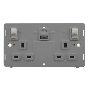 Click Scolmore - Click Definity 13A Ingot 2 Gang Switched Safety Shutter Socket Outlet With Type A & C Usb (4.2A) Outlets Insert (SIN586GYSS)