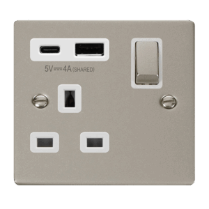 Click Scolmore - Click Deco Deco Ingot 13A 1 Gang Switched Safety Shutter Socket Outlet With Type A & C Usb (4A) Outlets Pearl Nickel White Inserts (VPPN585WH)