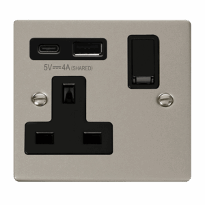 Click Scolmore - Click Deco Deco Non Ingot 13A 1 Gang Switched Safety Shutter Socket Outlet With Type A & C Usb (4A) Outlets Pearl Nickel Black Inserts (VPPN785BK)