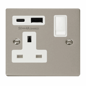 Click Scolmore - Click Deco Deco Non Ingot 13A 1 Gang Switched Safety Shutter Socket Outlet With Type A & C Usb (4A) Outlets Pearl Nickel White Inserts (VPPN785WH)