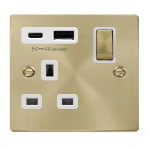 Click Scolmore - Click Deco Deco Ingot 13A 1 Gang Switched Safety Shutter Socket Outlet With Type A & C Usb (4A) Outlets Satin Brass White Inserts (VPSB585WH)