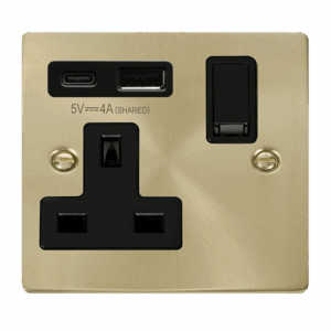 Click Scolmore - Click Deco Deco Non Ingot 13A 1 Gang Switched Safety Shutter Socket Outlet With Type A & C Usb (4A) Outlets Satin Brass Black Inserts (VPSB785BK)
