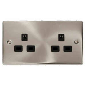 Click Scolmore - Click Deco 13A 2 Gang 3 Pin Safety Shutter Unswitched Socket Outlet Satin Chrome Black Insert (VPSC532BK)
