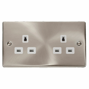 Click Scolmore - Click Deco 13A 2 Gang 3 Pin Safety Shutter Unswitched Socket Outlet Satin Chrome White Insert (VPSC532WH)