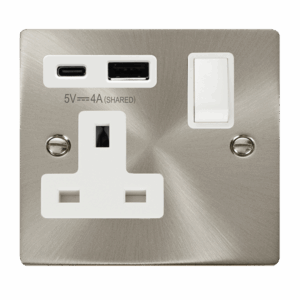 Click Scolmore - Click Deco Deco Non Ingot 13A 1 Gang Switched Safety Shutter Socket Outlet With Type A & C Usb (4A) Outlets Satin Chrome White Inserts (VPSC785WH)
