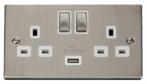 Click Scolmore - Click Deco Stainless Steel 13A 2G Ingot Switched Socket With 2.1A Usb Outlet White (VPSS570WH)