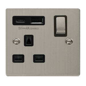 Click Scolmore - Click Deco Deco Ingot 13A 1 Gang Switched Safety Shutter Socket Outlet With Type A & C Usb (4A) Outlets Stainless Steel Black Inserts (VPSS585BK)