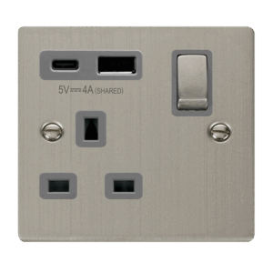 Click Scolmore - Click Deco Deco Ingot 13A 1 Gang Switched Safety Shutter Socket Outlet With Type A & C Usb (4A) Outlets Stainless Steel Grey Inserts (VPSS585GY)