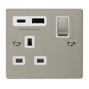 Click Scolmore - Click Deco Deco Ingot 13A 1 Gang Switched Safety Shutter Socket Outlet With Type A & C Usb (4A) Outlets Stainless Steel White Inserts (VPSS585WH)