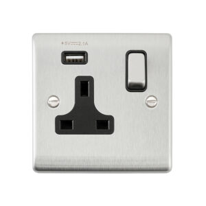 Saxby Electrical Raised Screwed 13A 1G DP Socket 2.1V USB Brushed Steel (RS413BSB)