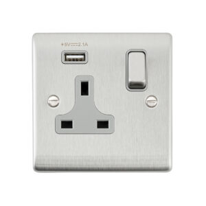 Saxby Electrical Raised Screwed 13A 1G DP Socket 2.1V USB Brushed Steel (RS413BSG)