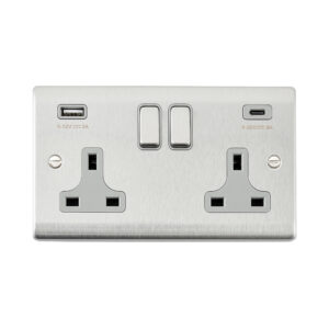 Saxby Electrical Raised Screwed 13A 2G DP Socket 45W USB A+C Brushed Steel (RS424BSG)