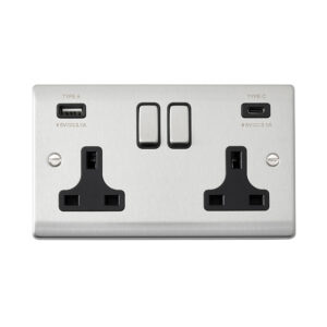 Saxby Electrical Raised Screwed 13A 2G DP Socket 15.5W USB A+C Brushed Steel