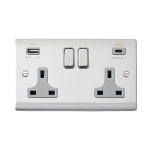 Saxby Electrical Raised Screwed 13A 2G DP Socket 15.5W USB A+C Brushed Steel