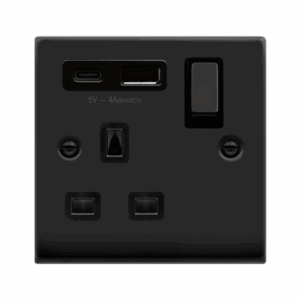 Click Scolmore - Click Deco Deco Ingot 13A 1 Gang Switched Safety Shutter Socket Outlet With Type A & C Usb (4A) Outlets Metal Black Black Inserts (VPMB585BK)