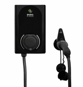 Dual Gun Chargers - Evec PowerPair- Black wall mounted smart EV charger c/w 1x 7.4kW charging socket & 1x 7.4kW tethered charging lead (5m) and wall holster (EDC01)