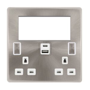Click Scolmore - Click Definity Complete 2 Gang 3 Pin Safety Shutter Type A & C Usb Switched Socket With Quad New Media Apertures (SFBS684PW)