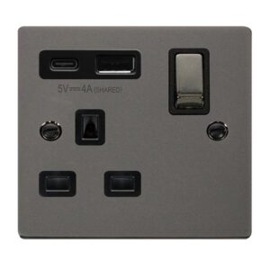 Click Scolmore - Click Deco Deco Ingot 13A 1 Gang Switched Safety Shutter Socket Outlet With Type A & C Usb (4A) Outlets Black Nickel Black Inserts (VPBN585BK)