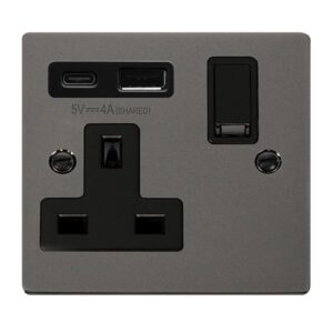 Click Scolmore - Click Deco Deco Non Ingot 13A 1 Gang Switched Safety Shutter Socket Outlet With Type A & C Usb (4A) Outlets Black Nickel Black Inserts (VPBN785BK)