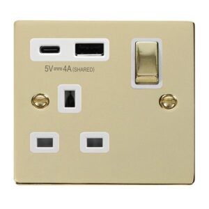 Click Scolmore - Click Deco Deco Ingot 13A 1 Gang Switched Safety Shutter Socket Outlet With Type A & C Usb (4A) Outlets Polished Brass White Inserts (VPBR585WH)