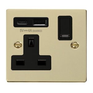 Click Scolmore - Click Deco Deco Non Ingot 13A 1 Gang Switched Safety Shutter Socket Outlet With Type A & C Usb (4A) Outlets Polished Brass Black Inserts (VPBR785BK)