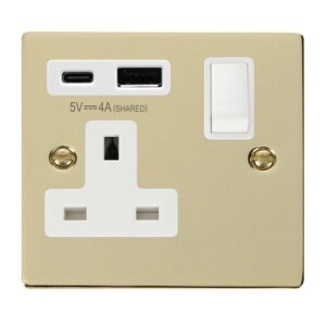 Click Scolmore - Click Deco Deco Non Ingot 13A 1 Gang Switched Safety Shutter Socket Outlet With Type A & C Usb (4A) Outlets Polished Brass White Inserts (VPBR785WH)