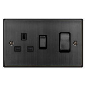 Click Scolmore - Click Deco 50A Ingot 2 Gang Double Pole Switch With 13A Double Pole Switched Socket Outlet Matt Bronze Black Insert (VPBZ504BK)