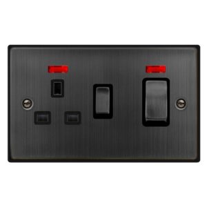 Click Scolmore - Click Deco 50A Ingot 2 Gang Double Pole Switch With 13A Double Pole Switched Socket Outlet & Neons Matt Bronze Black Insert (VPBZ505BK)