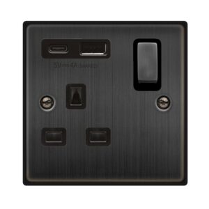Click Scolmore - Click Deco 13A Ingot 1 Gang Switched Socket Outlet With Type A & C Usb (4A) Outlets Matt Bronze Black Insert (VPBZ585BK)