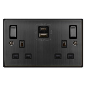 Click Scolmore - Click Deco 13A Ingot 2 Gang Switched Socket Outlet With Type A & C Usb (4.2A) Outlets Matt Bronze Black Insert (VPBZ586BK)