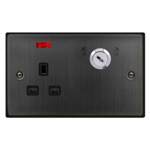 Click Scolmore - Click Deco 13A Ingot 1 Gang Double Pole Key Lockable Switched Socket With Neon (Double Plate) Matt Bronze Black Insert (VPBZ655BK)