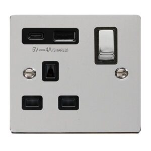 Click Scolmore - Click Deco Deco Ingot 13A 1 Gang Switched Safety Shutter Socket Outlet With Type A & C Usb (4A) Outlets Polished Chrome Black Inserts (VPCH585BK)